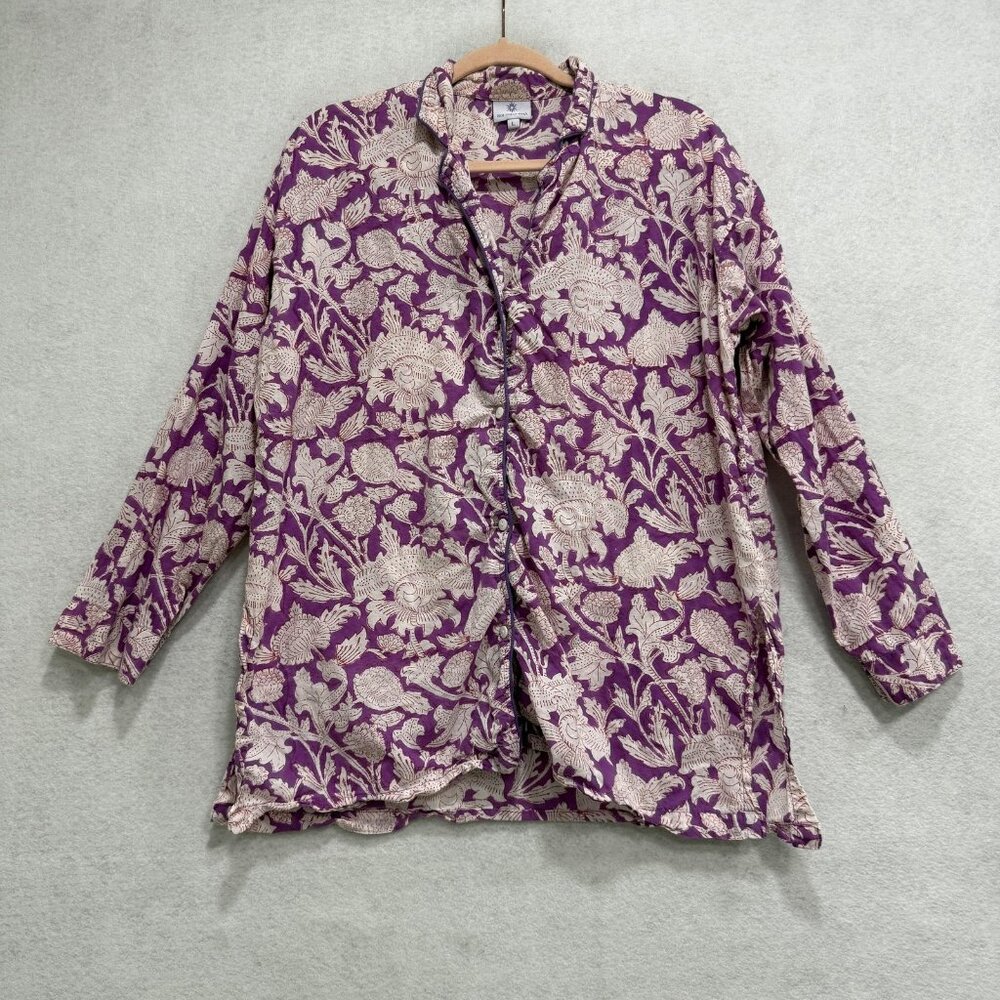 Pax Philomena Tunic Shirt Womens Large Purple Floral Button Front 100% Cotton